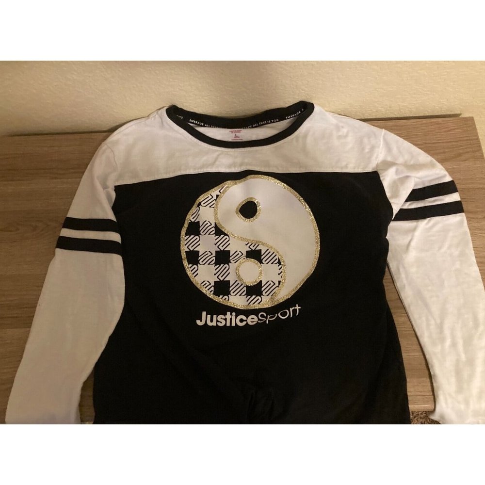 Justice Sport Long Sleeve Black and White Ying Yang Logo Top Large 12/14